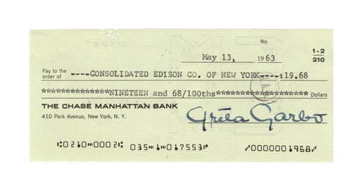 Greta Garbo Boldly Signed Check, JSA Authenticated