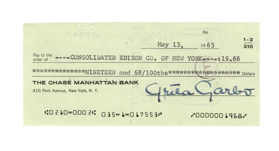 Greta Garbo Boldly Signed Check, JSA Authenticated: Greta GarboNew York, NY, May 13, 1963Greta Garbo Boldly Signed Check, JSA AuthenticatedSigned checkA check from the Chase Manhattan Bank signed &quot;Greta Garbo&quot; on the authorization line. 1p, m