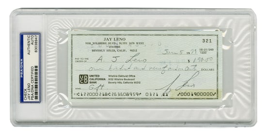 Jay Leno Signed Check to His Father, PSA Encapsulated