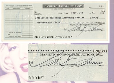 Marilyn Monroe Signed Check, Absolutely Superb, September 1961