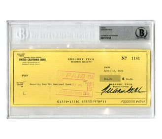 Gregory Peck Signed 1973 Check, Beckett Encapsulated