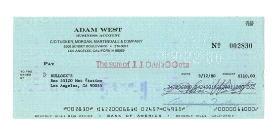 Batman's Adam West Signed Bank Check
