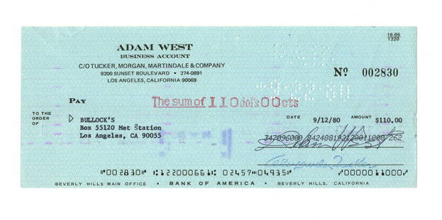 Batman's Adam West Signed Bank Check: Adam WestLos Angeles, CA, September 12, 1980Batman's Adam West Signed Bank CheckSigned checkA check drafted from the business account of actor Adam West and signed by him at lower right. 1p, measuring