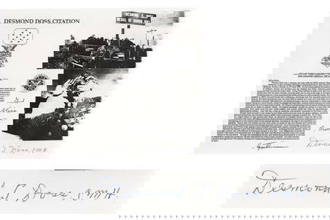 Desmond Doss Signed Image - Hacksaw Ridge Hero!: Desmond Dossn.p., n.d.Desmond Doss Signed Image - Hacksaw Ridge Hero!Signed OtherAn 8.5&quot; x 11&quot; photocopy of a photo montage showing Doss' Citation as well as two images. Boldly signed at bot