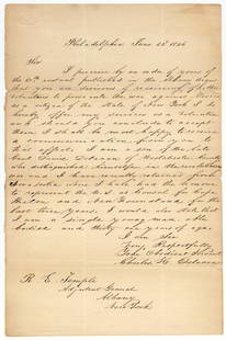 NY Son of the Revolution Volunteers for Mex-Am War: "offer my services" to "prosecute the war: Mexican-American WarPhiladelphia, PA, June 22, 1846NY Son of the Revolution Volunteers for Mex-Am War: &quot;offer my services&quot; to &quot;prosecute the war against Mexico&quot;retained copy ALSA r