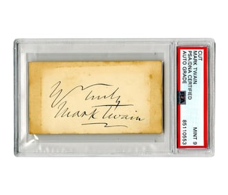 Mark Twain Signed Card, PSA/DNA Encapsulated and Graded MINT 9