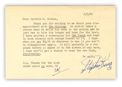 Stephen King Candid TLS to Fan re: Disappointment with Kubrick's "The Shining" & Plans for