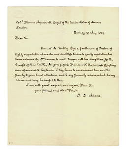 Pristine J.Q. Adams ALS to Col. Thomas Aspinwall: John Quincy AdamsQuincy, MA, May 27, 1839Pristine J.Q. Adams ALS to Col. Thomas AspinwallALSA boldly penned letter of introduction from John Quincy Adams on behalf of Samuel H. Walley of Boston, signe