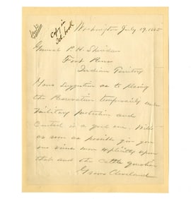 Grover Cleveland Writes Gen. Sheridan Re: Military Control of Indian Reservations