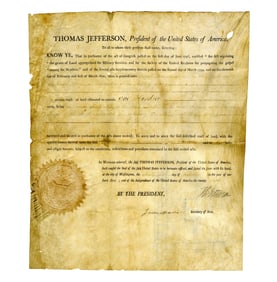 Jefferson & Madison Signed Land Grant in Recognition of "Military Services" with Rare Survey Map