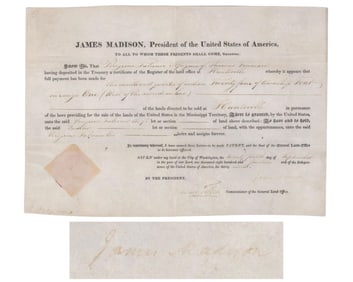 James Madison Signed Land Grant Promoting Westward Expansion During Final Phase of War of 1812