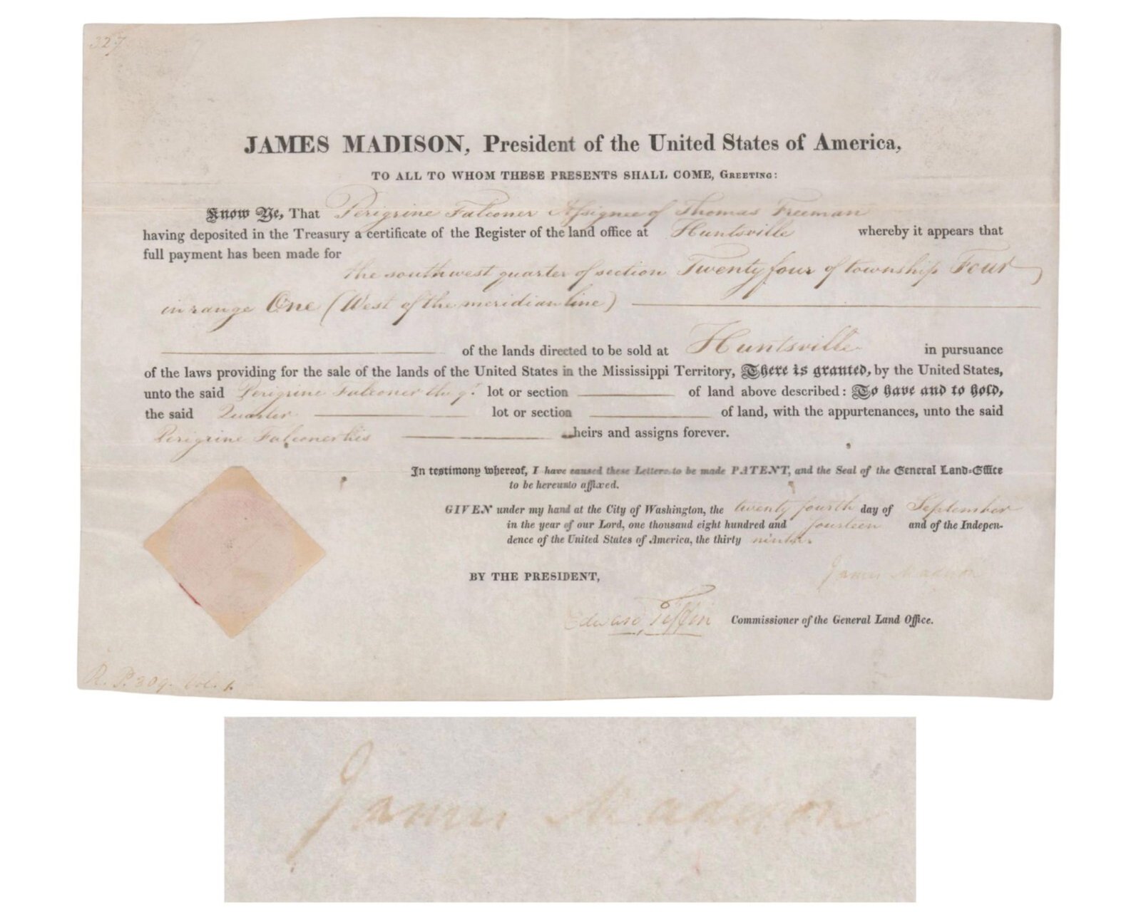 James Madison Signed Land Grant Promoting Westward Expansion During Final Phase of War of 1812 (1 of 5)