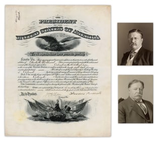 Roosevelt & Taft Dual Signed Commission for Solider Wounded at Battle of San Juan Hill,