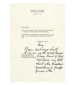 Harry Truman TLS with Handwritten Postscript to His Cousin Re: Family History