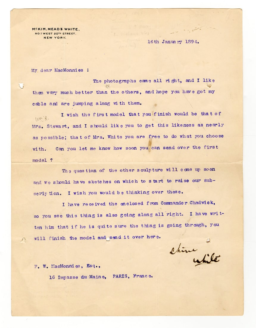 Stanford White, Designer of Washington Square Arch, to F.W. MacMonnies in Paris Re: Sketches of (1 of 2)