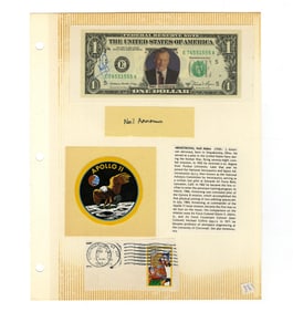 Neil Armstrong Signed Dollar Bill on Memorial Scrapbook Page