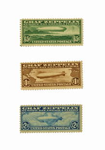 Lot of 3 Unused Graf Zeppelin Stamps From 1930 Europe-Pan American Flight: Graf Zeppelin[Washington, DC], [April 19, 1930]Lot of 3 Unused Graf Zeppelin Stamps From 1930 Europe-Pan American FlightStampsA scarce set of three unused Graf Zeppelin stamps produced to promote the