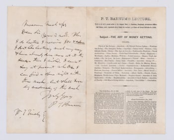P.T. Barnum "The Art of Money Getting" ALS Written on Broadsheet of His Popular Lecture