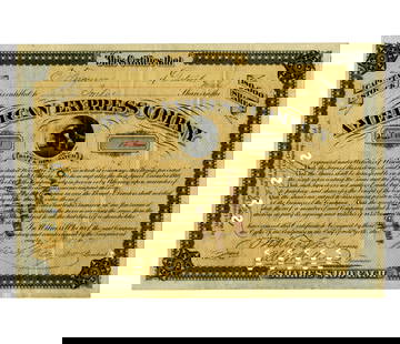 William G. Fargo Signed 1874 American Express Company Stock Certificate: William G. FargoNew York, NY, January 7, 1874William G. Fargo Signed 1874 American Express Company Stock CertificateDSA William G. Fargo American Express Company stock certificate signed as President.