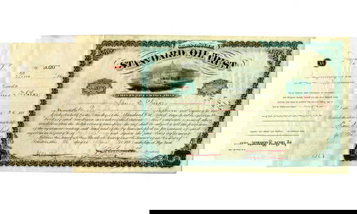 John D. Rockefeller & Henry Flagler Signed Green Standard Oil Trust Stock Certificate: John D. RockefellerNew York, NY, May 26, 1887John D. Rockefeller & Henry Flagler Signed Green Standard Oil Trust Stock CertificateDSA green Standard Oil Trust stock certificate signed by J. D. Rockefe