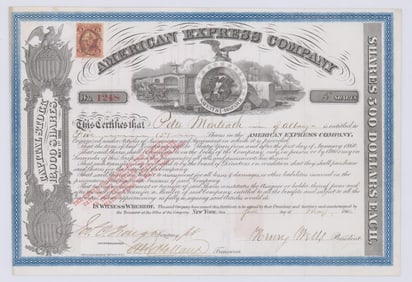 1866 Stock Certificate for American Express Co. Signed by Henry Wells as Pres. & William Fargo as