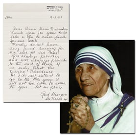 Mother Teresa Scarce Full-Page ALS: "Kindly do not have any fund raising for me...God always