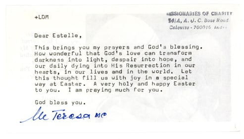 Mother Teresa Sends Her Blessings for "A very holy and happy Easter"