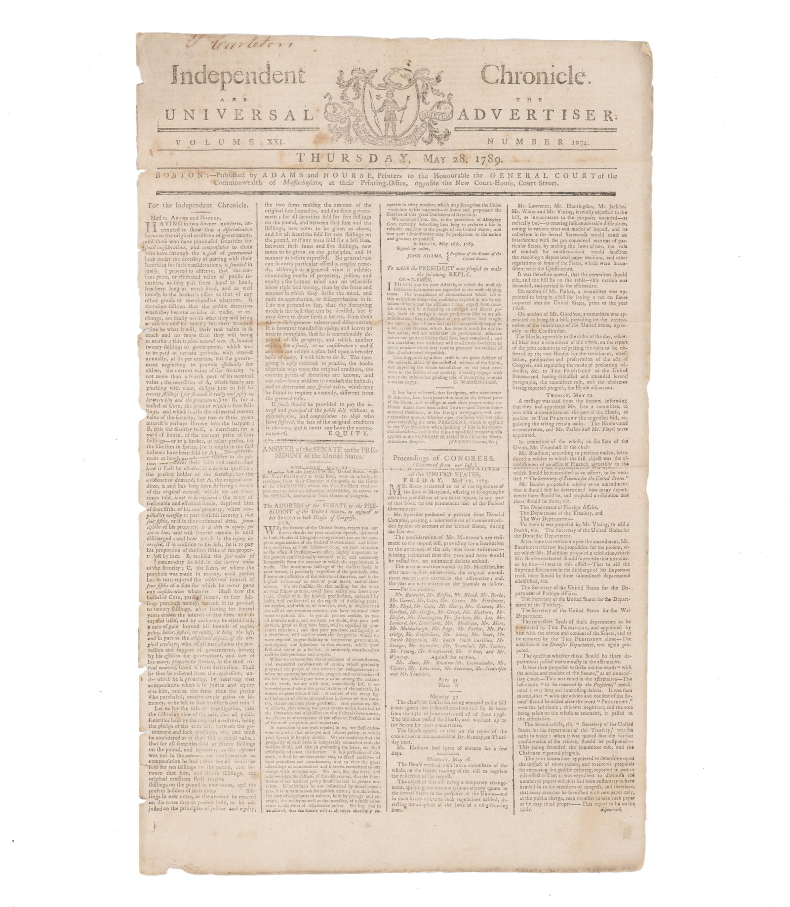 1789 Boston Newspaper: Establishing Washington's Cabinet & Title: Colonial Boston Boston, MA, May 28, 1789 1789 Boston Newspaper: Establishing Washington's Cabinet & Title Newspaper An issue of the "The Independent Chronicle and The Universal Advertiser", Volume XXI