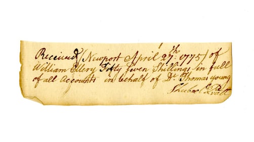 William Ellery Signed Doc Mentioning Dr. Young - Organizer of Boston Tea Party