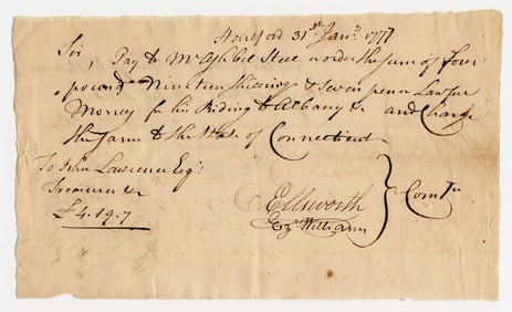 Oliver Ellsworth Signed Pay Order to Continental Express Rider "for his Riding to Albany"