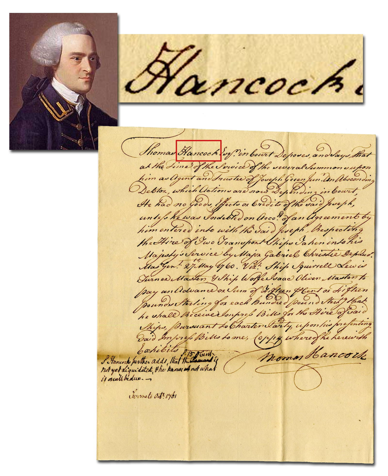 John Hancock 3rd Person Signed Handwritten Doc: "Two Transport Ships Taken into his Majesty's (1 of 4)