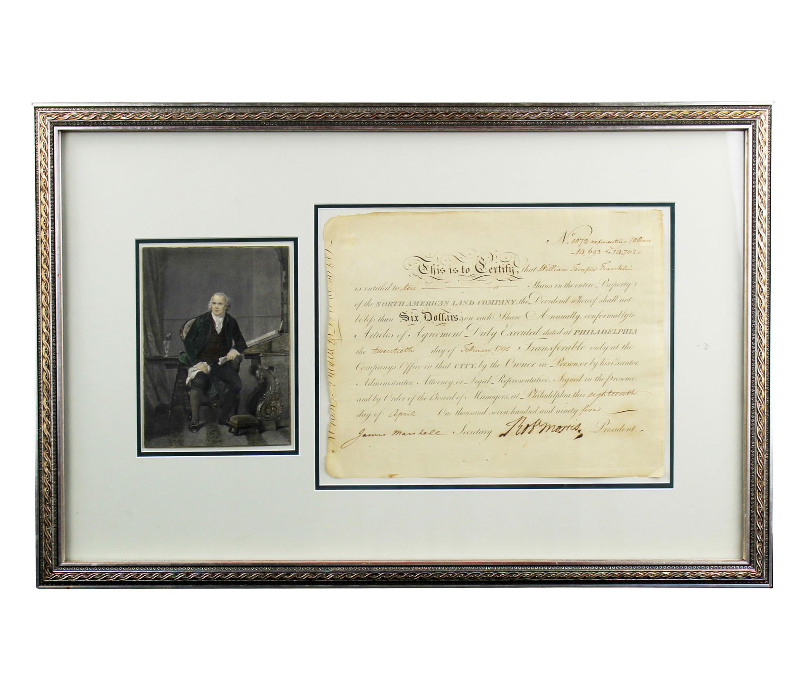 Robert Morris Signs Stock Certificate 3 Years Before Debtor’s Prison: Robert MorrisPhiladelphia, PA, April 18, 1795Robert Morris Signs Stock Certificate 3 Years Before Debtor’s PrisonDSA signed stock certificate by Robert Morris as President of the North American