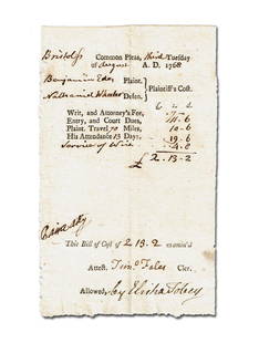 Robert Treat Paine, Declaration Signer, Signed Bill for Court Fees: Robert Treat PaineBristol, MA, August 3, 1768Robert Treat Paine, Declaration Signer, Signed Bill for Court FeesPPDSRobert Treat Paine (1731-1814). Partially Printed Document Signed, "Paine atty," 1p,