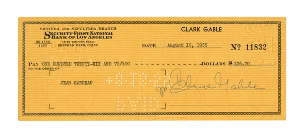 Clark Gable Signed Check to Personal Assistant & Biographer Jean Garceau