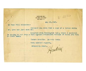 Harry Houdini TLS After Returning from Washington, "trying to put over a bill against fraudulent