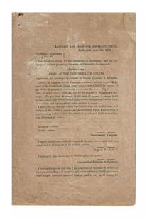 Confederate General Orders, 1863, Honorable Discharge: Civil WarRichmond, VA, June 23, 1863Confederate General Orders, 1863, Honorable DischargePrinted DocCIVIL WAR. Printed Document, 2pp bifold, 5" x 8", Richmond, June 23, 1863. Issued as General Orders