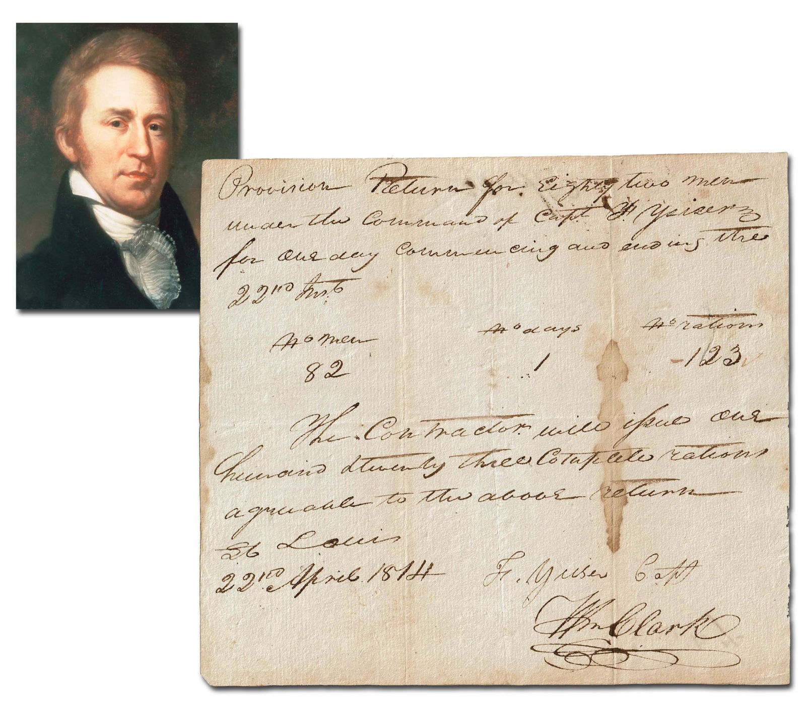 William Clark Signs Provisions Receipt During War of 1812: William ClarkSt. Louis, MO, April 22, 1814William Clark Signs Provisions Receipt During War of 1812MDSWilliam Clark (1770-1838). Manuscript Document Signed, "Wm. Clark," as governor of Missouri Territ