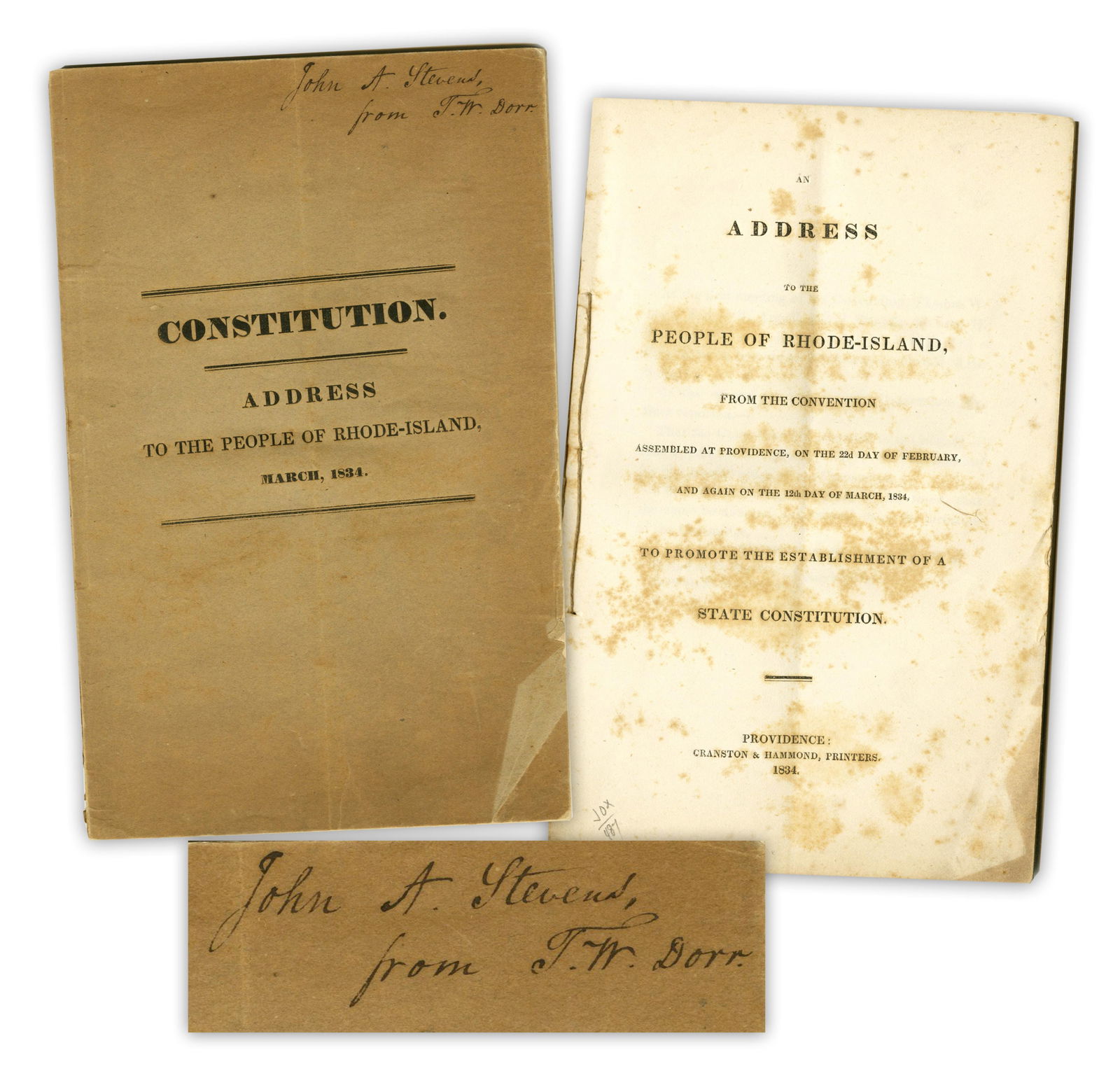 Dorr's Rebellion, Thomas Dorr Signed Rhode Island Constitutional Address,1834 (1 of 5)