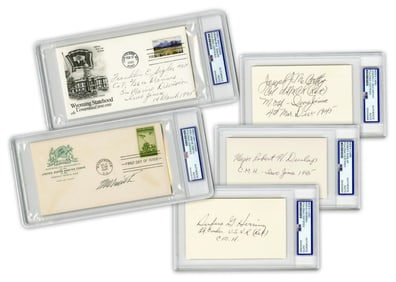 Battle of Iwo Jima Participants Lot of 5 Autographs, Several M.O.H. Recipients, PSA Encapsulated!