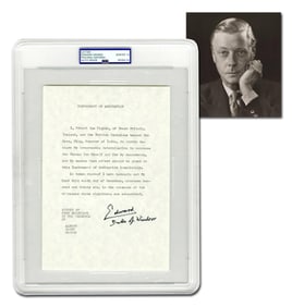 Edward VIII, Duke of Windsor Signed Instrument of Abdication, PSA Gem Mint 10!