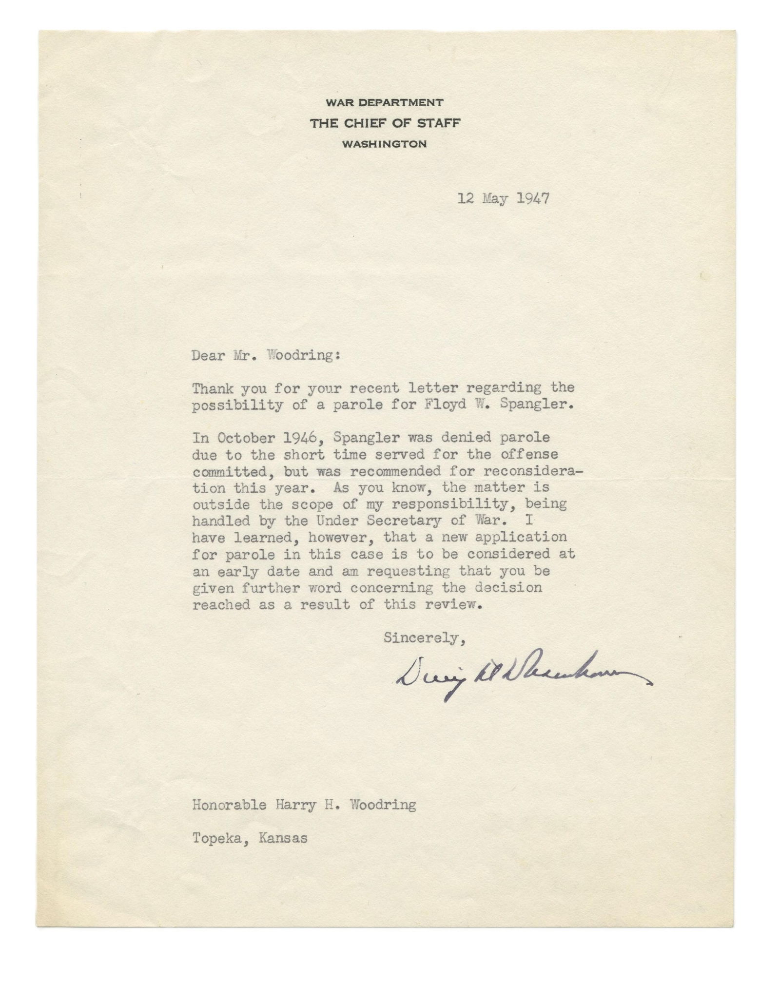 Dwight D. Eisenhower Responds to Parole Request