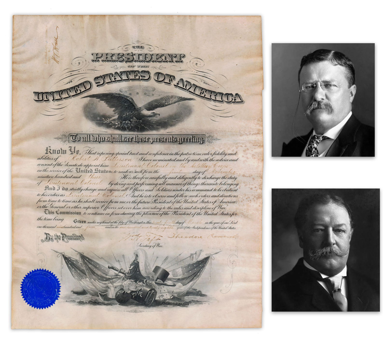 Roosevelt & Taft Dual Signed Military Commission of Lt. Colonel (1 of 5)
