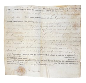 Edmund Randolph Signed Land Grant With Interesting Association to George Washington