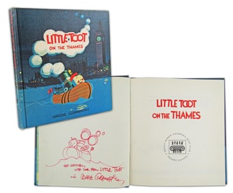 Hardie Gramatky Signed "Little Toot on the Thames" With Original Drawing of Indomitable Tug Boat