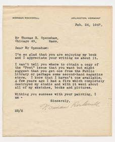 Norman Rockwell TLS to Fan "A few years ago I had a fire which completely destroyed my studio"