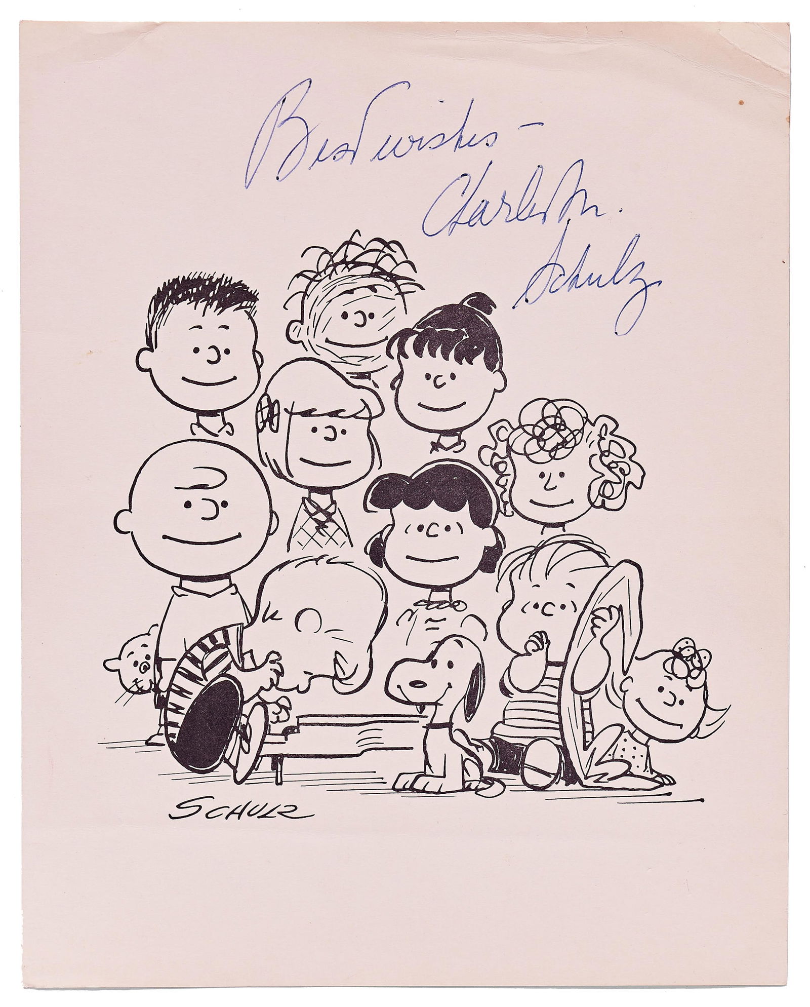 Charles Schulz Boldly Signed Print of the "Peanuts" Gang: Charles Schulzn.p., n.d.Charles Schulz Boldly Signed Print of the "Peanuts" GangSigned PrintCharles M. Schulz (1922-2000). A print of the "Peanuts" gang, signed in blue ballpoint at top without inscri