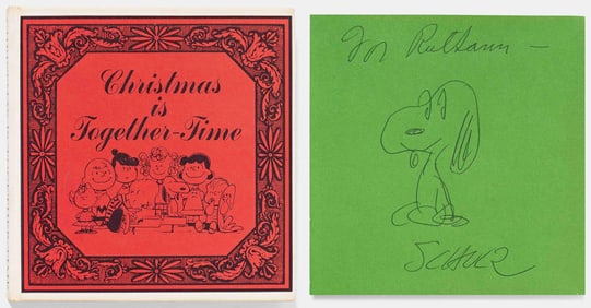 Charles Schulz Signed Original Drawing of Snoopy in his Book, "Christmas Is Together-Time"