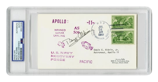 Buzz Aldrin Signed Cover from Apollo 11 Recovery Ship, PSA Encapsulated