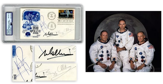 Armstrong, Aldrin, Collins Signed First Day Cover of Apollo 11 Flight to the Moon, PSA Slabbed &