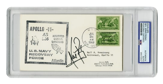 Neil Armstrong Signed Cover ft. Apollo 11 Recovery Handstamp, PSA Encapsulated